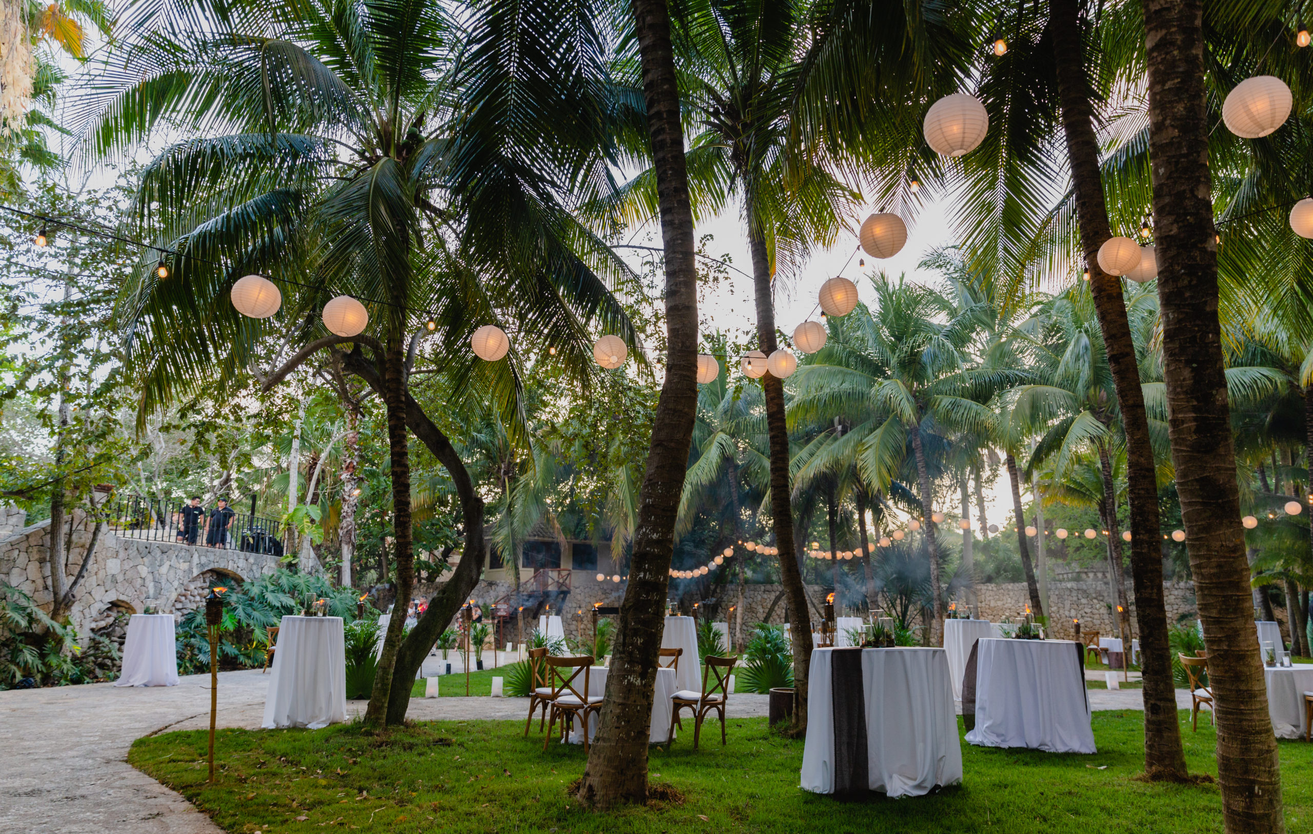 photo of palm trees, hanging lanterns and tables with white linen