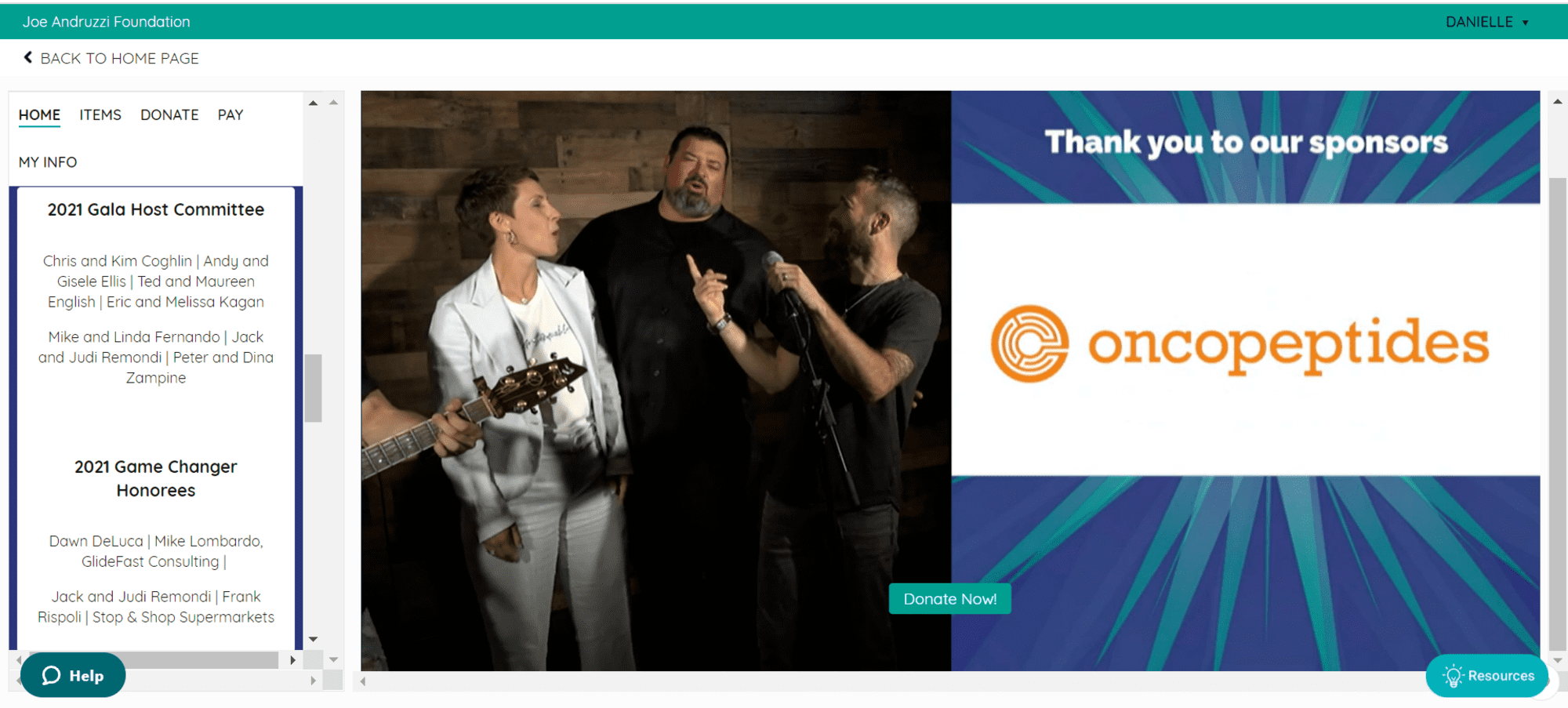 Screenshot of the virtual event platform showing a musical performance and one of the event sponsors logos