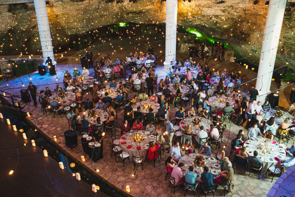 Aerial view of tables at evening event at Xcaret in Riviera Maya, Mexico
