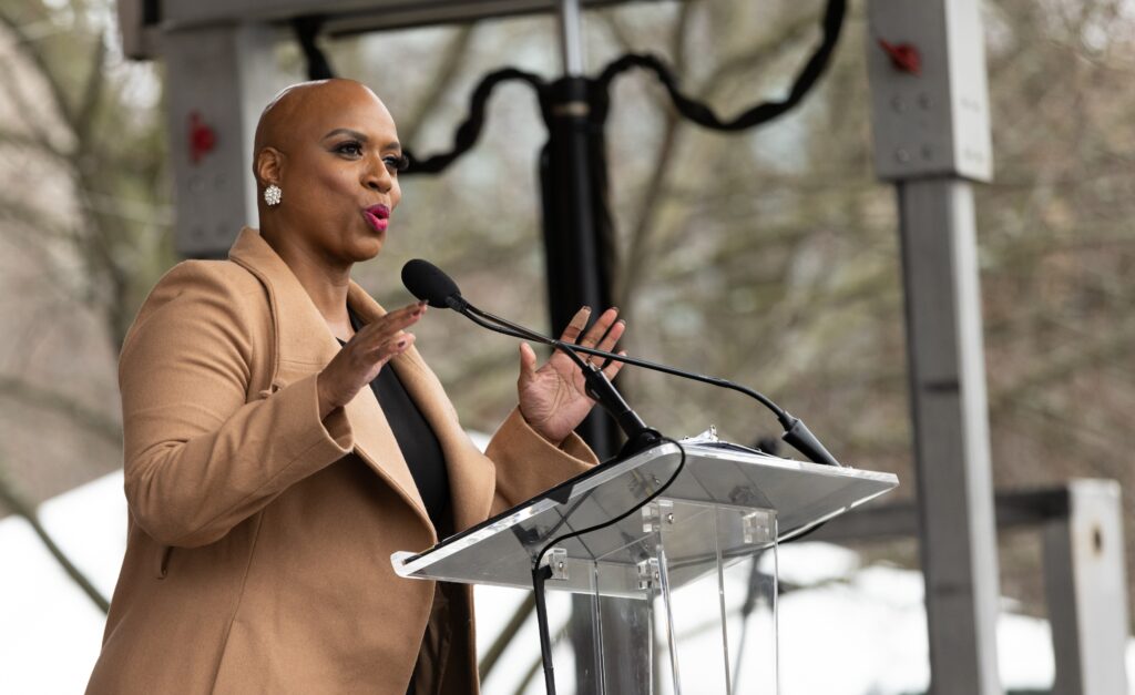 Ayanna Pressley, a thought leader, addresses the crowd at The Embrace monument unveiling in Boston, MA
