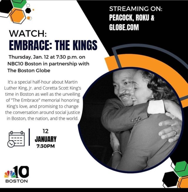 Ahead of The Embrace unveiling tomorrow, tune into @nbc10boston TONIGHT at 7:30 PM to watch “Embrace: The Kings.’ Produced in partnership with @bostonglobe, this half hour special about Dr. Martin Luther King, Jr. and Coretta Scott King discusses the significance behind the Embrace memorial in Boston, honoring their love and search for social justice.